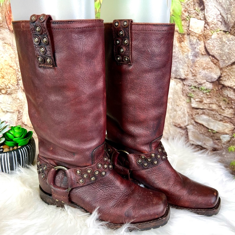 FRYE Heath Disc Harness Distressed Cognac Leather Boots, Beautiful Patina, 6B - Picture 3 of 16